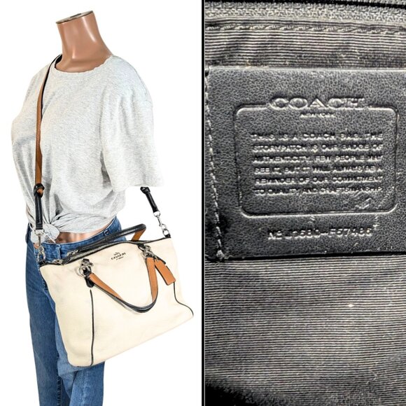 Coach Kelsey Crossbody Satchel White Chalk Pebbled Leather Black Trim F57488 - Picture 10 of 10